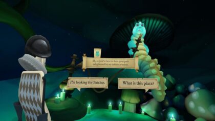 A cartoon catepillar sits on a mushroom and holds a hookah. A person made from a playing card faces him. Three signs hover between them: "Ah, so you're here to have your path enlightened by my infinite wisdom." "I'm looking for Patches." "What is this place?"