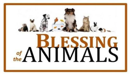 Photo of many companion animals (cats, dogs, fish, rabbits, rodents) with the caption "Blessing of the Animals"